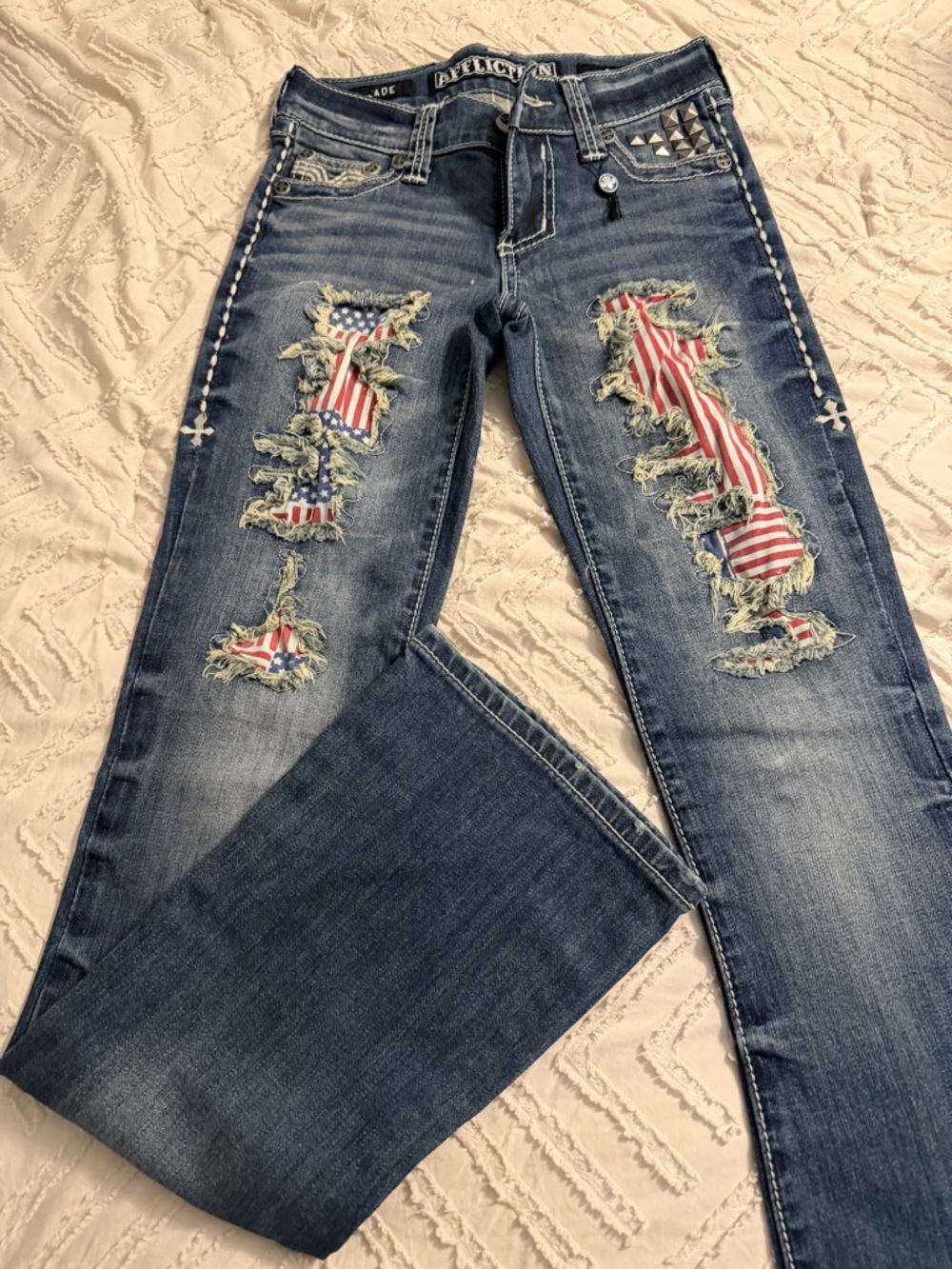Affliction Women's Blue Distressed Flag-Panel Straight Leg Jeans